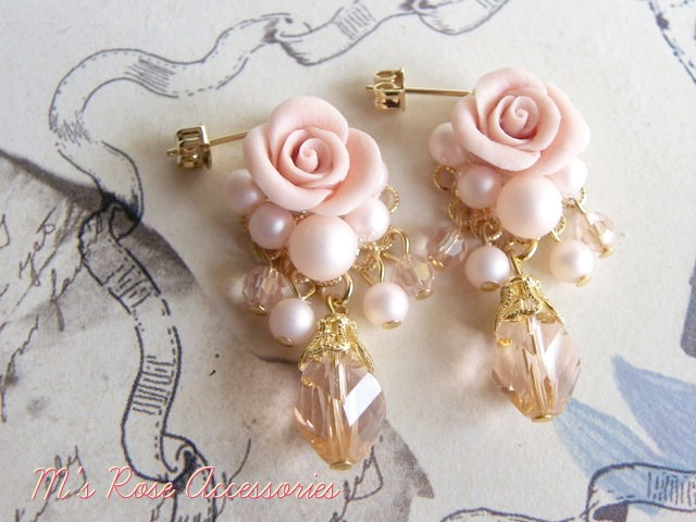 M's Rose Accessories / ベビーピンク薔薇とガラスしずく☆ピアス