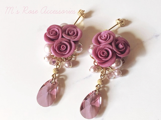 M's Rose Accessories / 赤紫薔薇とスワロフスキードロップのピアス